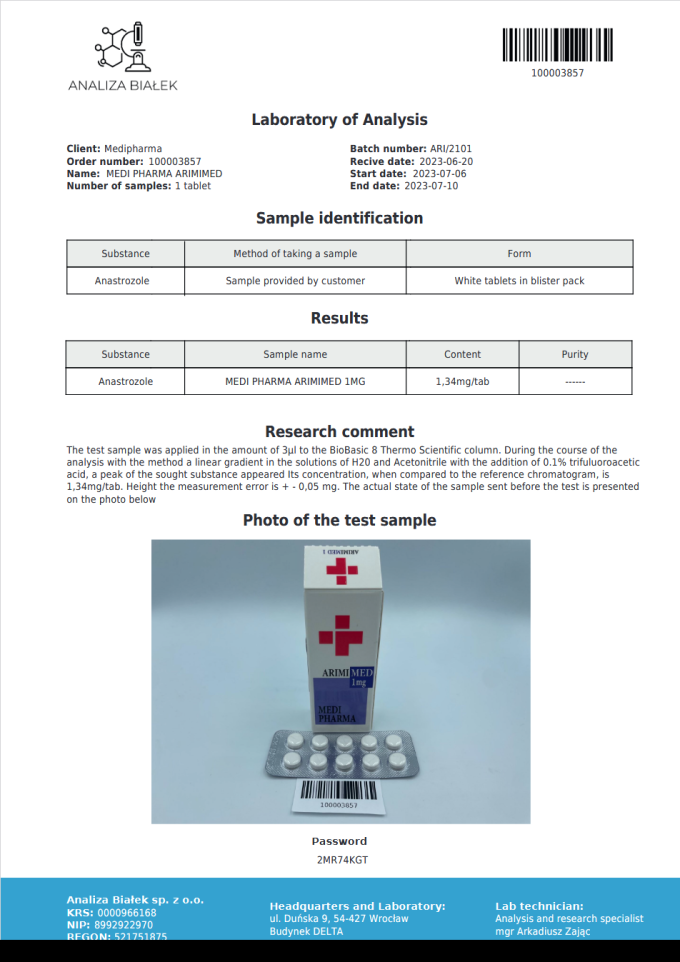 Anastrazol / Anastrazole 1mg 30tab MEDIPHARMA